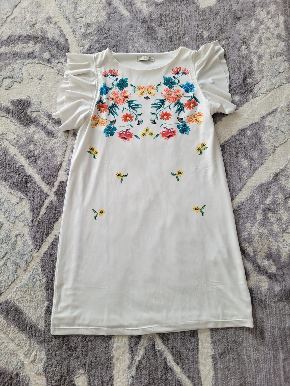 Dex White Dress with Teal and Coral Floral Motif
